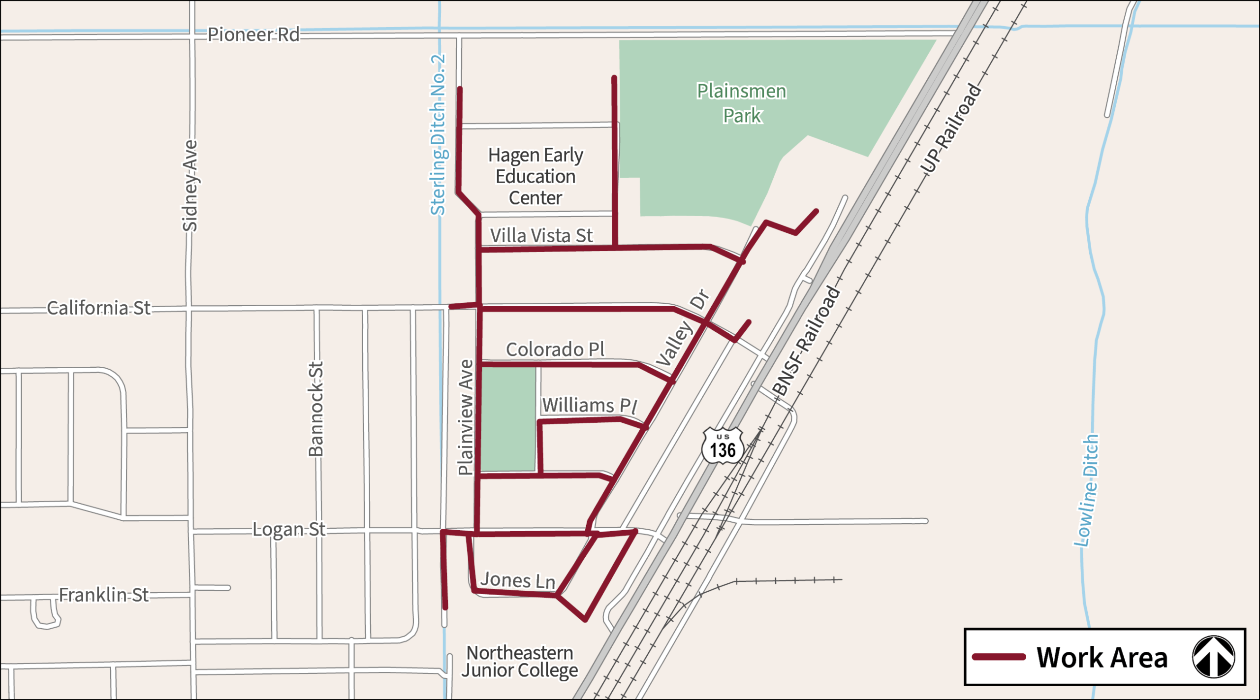 Map of Sterling Natural Gas Project 2026 works areas east of Sterling Ditch No. 2, north of Jones Lane, west of the railroad tracks, and south of Pioneer Road